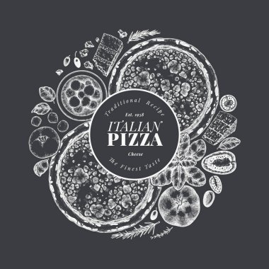 El Çekimi Vector Pizza Çizimi. Retro Cheese Pizza Tebeşir Tasarım Şablonu. Eski İtalyan Yemekleri