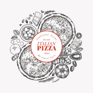 El Çekimi Vector Pizza Çizimi. Retro Peynirli Pizza Tasarım Şablonu. Eski İtalyan Yemekleri