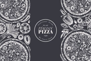 El Çekimi Vector Pizza Çizimi. Retro Vejetaryen Pizza Tebeşir Tasarım Şablonu. Eski İtalyan Yemekleri