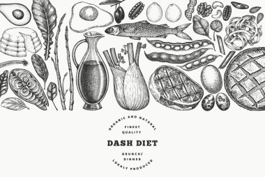 Dash Diyet Tasarım Şablonu. Vektör El Sağlıklı Yiyecek Afişi. Vintage Biçim Menüsü ResmiComment.