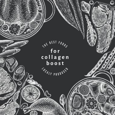 Kolajen Diyet Tebeşir Tasarım Şablonu. Vektör El Sağlıklı Yiyecek Afişi. Klasik Kolajen Büküm Menüsü ResimleriComment.