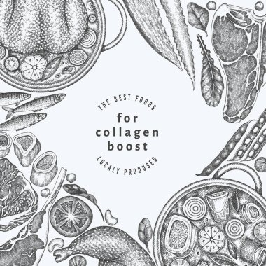 Kolajen Diyet Tasarım Şablonu. Vektör El Sağlıklı Yiyecek Afişi. Klasik Kolajen Büküm Menüsü ResimleriComment.