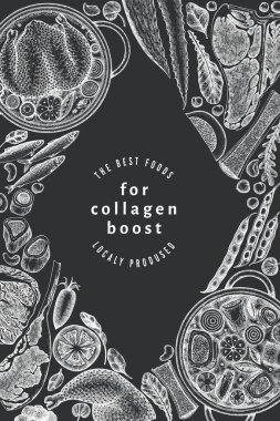 Kolajen Diyet Tebeşir Tasarım Şablonu. Vektör El Sağlıklı Yiyecek Afişi. Klasik Kolajen Büküm Menüsü ResimleriComment.