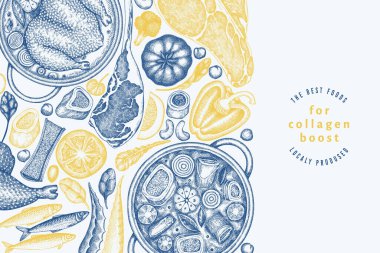 Kolajen Diyet Tasarım Şablonu. Vektör El Sağlıklı Yiyecek Afişi. Klasik Kolajen Büküm Menüsü ResimleriComment.