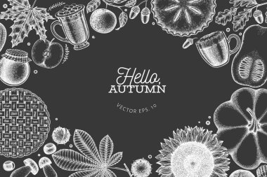 El Çekimi Vektör Sonbahar İllüstrasyonu. Yapay zeka üretilmedi. Şükran Günü Tebeşir Kurulu Geçmişi. Sonbahar mevsimi konforlu ruh hali afişi. Vintage Tasarım Şablonu.