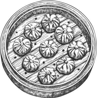 Çin Tabağı İllüstrasyonu. Bambu Buharlı Buhar Buharlı Dim Sum seti. Klasik Asya Köfteleri Çizimi.