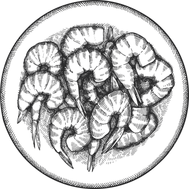 Çin Tabağı İllüstrasyonu. Elle çizilmiş izole edilmiş karides tabağı. Klasik Asya Gıda Çizimi.