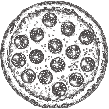 El Çizimi Pizza Çizimi. Retro Pepperoni Pizza izole edilmiş görüntü. Eski İtalyan Yemekleri