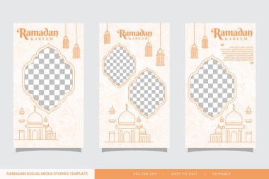 Sosyal medya hikayeleri seti, cami illüstrasyonlu işletmeler için Ramazan satışı şablonu