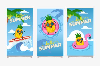 Merhaba yaz etkinliği ananas maskotu karakteri sosyal medya hikayeleri afişi