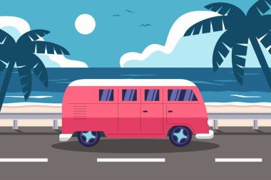 Minibüsün plajı geçtiği yaz partisi afişi tasarımı. Minimalist tarzda vektör illüstrasyonu