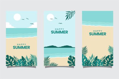 Plajlı ve el sallayan bir dizi el ilanı. Minimalist tarzda vektör illüstrasyonu