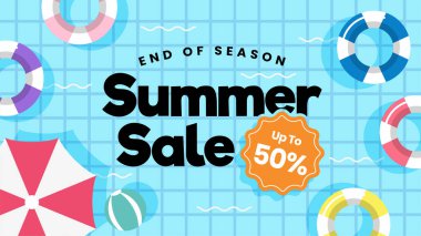 Summer Sale Banner vektör illüstrasyonu. Yüzme halkaları temalı havuzun üst görünümü