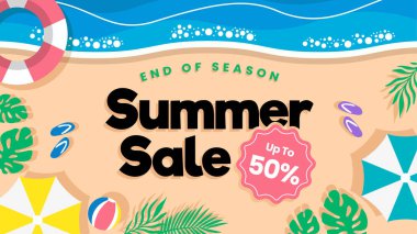 Plaj temalı yaz indirimi afişi, üst görünüm arkaplan illüstrasyonu ve element