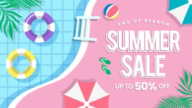 Yaz Satış Sancağı sezon sonu arka plan illüstrasyonu. Yüzme tüplü havuz manzarası