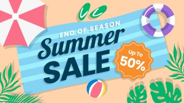 Yaz Satış Vektörü Arkaplan Şablonu Tasarımı ve plaj elemanı üst görünümü illüstrasyonu