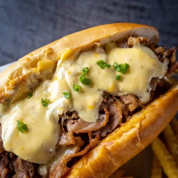 homemade Philly Cheese Steak with cheese and onion