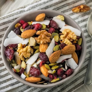 bowl of mixed nuts with fruits