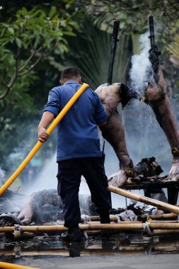 Jakarta, Endonezya. 21 Nisan 2024. İtfaiyeciler, TMII turistik merkezinde Ogoh-ogoh 'u yakan yangını söndürmek için yüksek basınçlı su püskürtüyorlar, Jakarta..