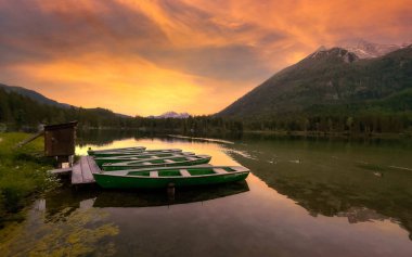 Hintersee, Ramsau, Bavaria, Germany, Rowing boats on the Hintersee. High quality photo clipart