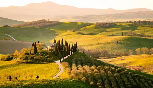 San Quirico dOrcia, Siena ili, Toskana, İtalya. Hasat zamanı Toskana tepelerinin arasında bir çiftlik evi. Yüksek kalite fotoğraf