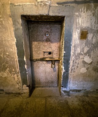 Eski, yıpranmış bir kasa kapısı. Çürüyen bir yapının içinde bulundu. Kabuk soyulmuş boya ve pas birikmiş.