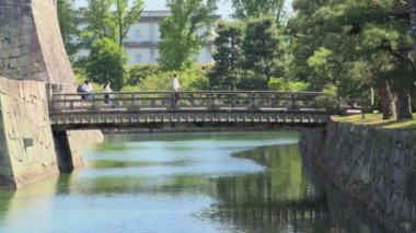 Resimli bir köprü, yemyeşil ve tarihi mimariyle çevrili sakin bir su yolundan geçer..