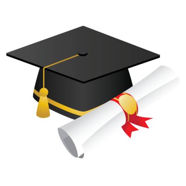 Mezuniyet şapkası ve diploması yapraklı bir arka planda sergilenir. Bir öğrencinin akademik yolculuğunun sonu olduğu için başarı ve başarı kavramı
