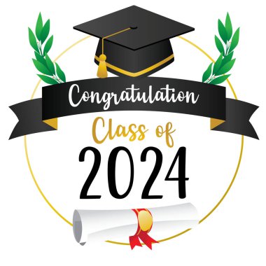 Mezuniyet şapkası ve üzerinde 2024 yılı tebrik sınıfı yazan bir diploma resmi.