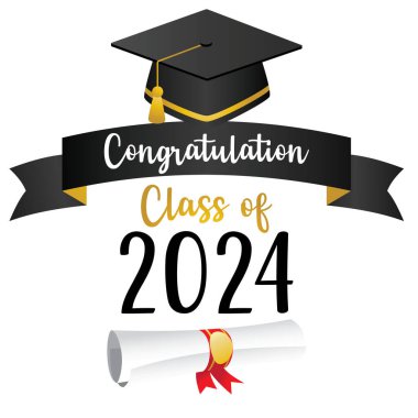 Mezuniyet şapkası ve üzerinde 2024 yılı tebrik sınıfı yazan bir diploma resmi.