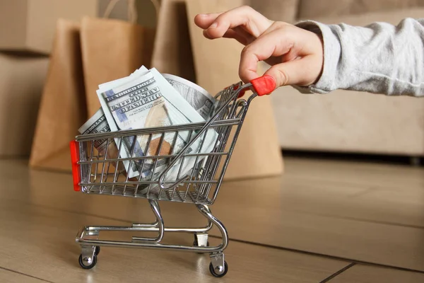 Hand Holds Little Shopping Cart American Dollars Concept Payment Online — Foto de Stock