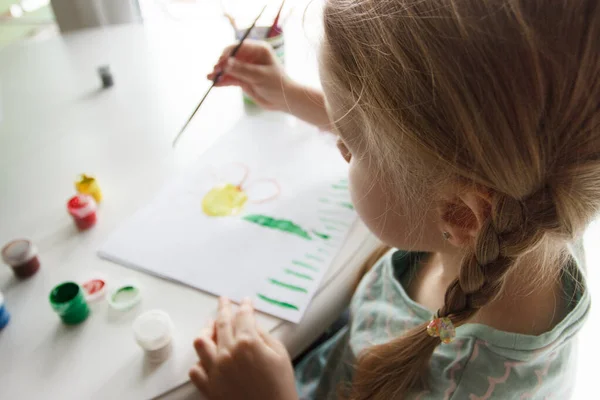 Little Child Draws Watercolor Concept Education Kindergarten Soft Focus Background — стоковое фото