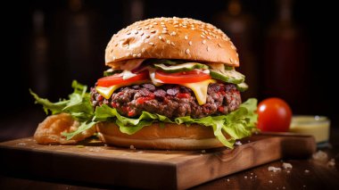 Tahtada büyük, lezzetli bir hamburger, yumuşak odaklı arka plan.