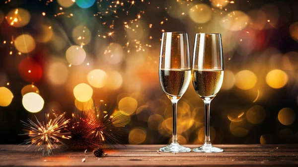 Glasses with champagne on the gold background with confetti and fireworks. New year party or winter holiday concept