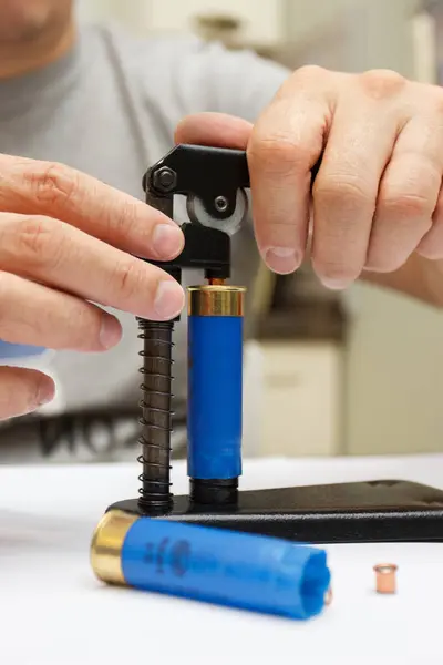 Man Make Repairing Plastic Case Making Cartridges Shooting Hunting — Stock Photo, Image