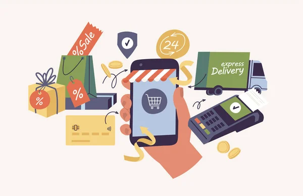 Vektor Illustrationskonzept Für Online Shopping Der Hand Ein Mobiltelefon Mit — Stockvektor