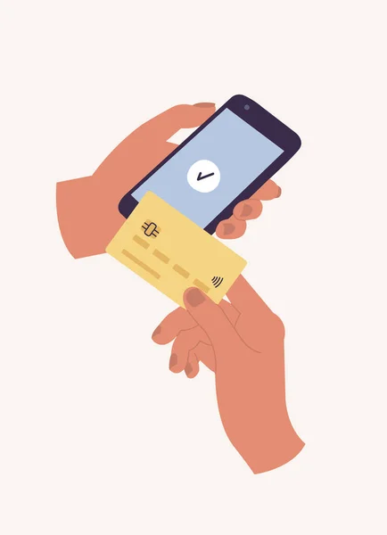 移动支付的矢量说明概念 手拿着手机和卡片靠近屏幕 成功付款 — 图库矢量图片