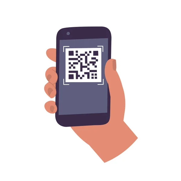 Hand Holding Mobile Smart Phone Scan Code Scanning Code Online — Stock Vector