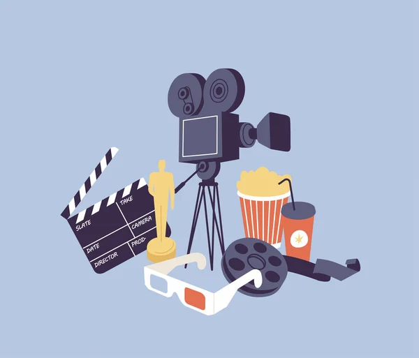 Illustrazione Vettoriale Oggetti Cinema Retrò Biglietti Film Clapperboard Secchio Popcorn — Vettoriale Stock