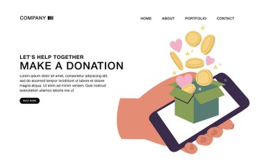 Vector Illustrations template design of landing page concept of donation and charity via mobile phone clipart