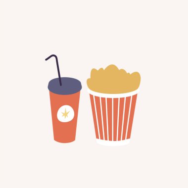 Vektör illüstrasyon tam patlamış mısır kovası ve eski usul saman ile soda bardağı. Film atıştırmalıkları