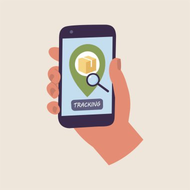 Vektör İllüstrasyonları el ve uygulama dağıtım takibi ile cep telefonu tutmak