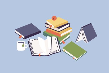 Okumak için vektör illüstrasyon kitap yığınları, eğitim için ders kitapları yığını. Okul konseptine dönelim.