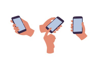 Vektör illüstrasyonları beyaz arka planda akıllı telefonları tutan insan elleri
