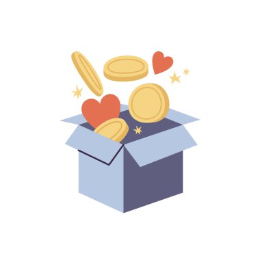 Vector Illustrations bağış kutusu içinde kalpler ve altın paralar var. Sadaka kavramı