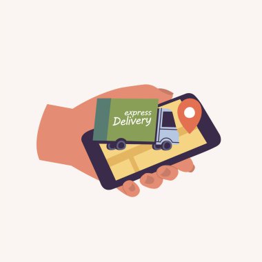 Vektör İllüstrasyonları el ve uygulama dağıtım takibi ile cep telefonu tutmak