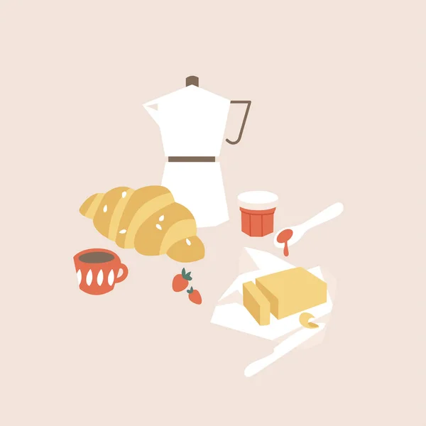 病媒是法国传统早餐的例证 一杯咖啡和牛角面包加果酱和黄油 好吃的午餐 — 图库矢量图片