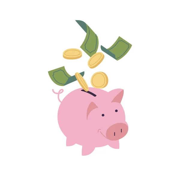 Vector Illustration Money Piggy Bank Gold Coins Green Paper Dollars — Stock Vector