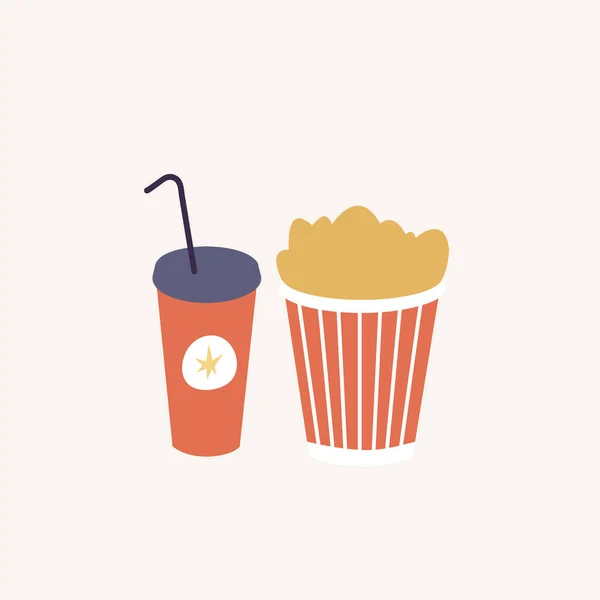 Vector Illustration Full Popcorn Bucket Και Σόδα Ποτήρι Καλαμάκι Ρετρό — Διανυσματικό Αρχείο