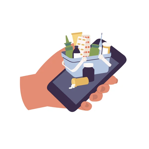 Vector Illustrations Konzept Die Pillen Online Mit Dem Smartphone Kaufen — Stockvektor